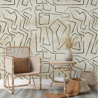 Wallpapers4Beginners Wallpapers4beginners - Carta da Parati Beige Graffiti con Strisce Nere Astratta in Fogli di Carta, 250x200cm