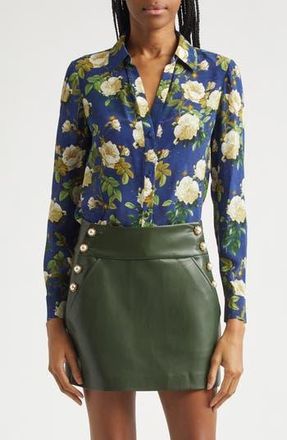 Alice & Olivia Eloise Floral Silk Button-Up Shirt in Twilight Eden at Nordstrom Rack, Size X-Small