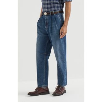 Brunello Cucinelli Comfort cotton denim iconic fit five-pocket trousers with double pleats in Medium Denim at Nordstrom, Size 44
