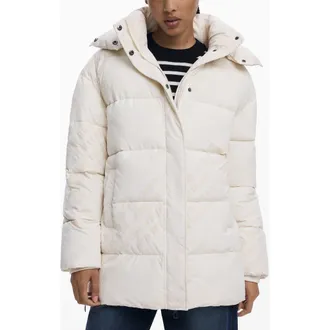 Desigual Flocked Print Quilted Puffer Jacket with Removable Hood in Light Beige at Nordstrom, Size X-Large