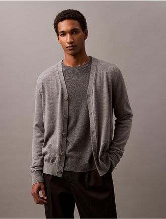 Calvin Klein Mens Extra Fine Merino Wool Blend Cardigan Sweater - Grey - XS