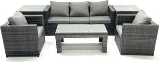 Fimous Fimous Rattan Garden Furniture Set Outdoor Lounger Sofa with Coffee Table 2 Armchair 2 Side Tables Dark Grey Mixed