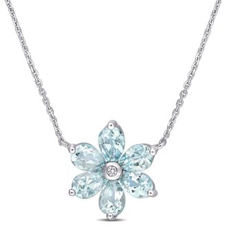 Amour 2 3/8 CT TGW Aquamarine and Diamond Accent Floral Pendant with Chain In 14K White Gold
