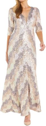R & M Richards Chevron Sequin Gown In Champagne Multi