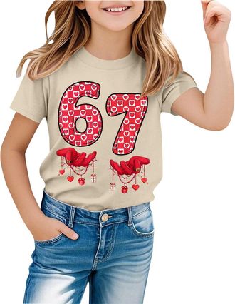 Generic T Shirts Kids Girls 67 Six Seven Meme Cute Number Print Cotton Top Short Sleeve Crewneck Funny Tee for School Party Festive Stocking Filler Festival &