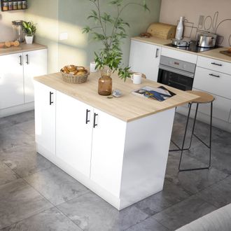 Dmora Isla De Cocina Siha, Mueble Despensa 3 Estantes, 6 Compartimientos, Puerta Abatible, 138x94x90h Cm Blanco Brillante