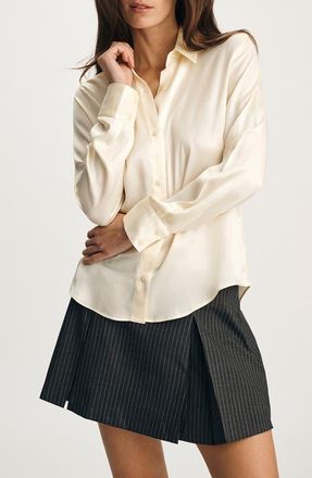 Mavi Slim Fit Silk Button-Up Shirt in Marshmallow at Nordstrom, Size Large