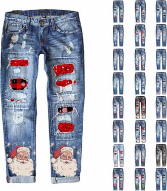 Generic Distressed Jeans Women UK,Womens Ripped Boyfriend Jeans Distressed Washed Christmas Patch Print Denim Trousers High Waisted Loose Fit Stretchy Xmas Pa