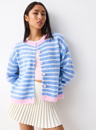 Twik Womens Pastel stripes fuzzy Cardigan Sweater