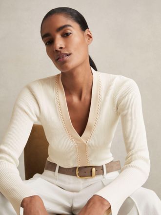 Reiss Womens Cream Ribbed Knit Long Sleeve Top, Size: XS