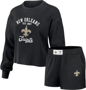 WEAR by Erin Andrews Womens WEAR by Erin Andrews Black New Orleans Saints Waffle Knit Long Sleeve T-Shirt & Shorts Lounge Set at Nordstrom, Size Xx-Large