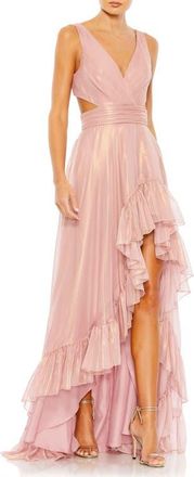 Mac Duggal Side and Back Cut Out High Low Ruffle Gown in Rose Gold at Nordstrom, Size 14