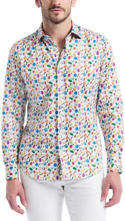 Robert Graham Garnish Print Stretch Cotton Button-Up Shirt in White Multi at Nordstrom, Size Xxx-Large