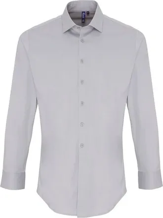 Premier Heren Rekken Pasvorm Popeline Lange Mouwen Shirt (Zilver)