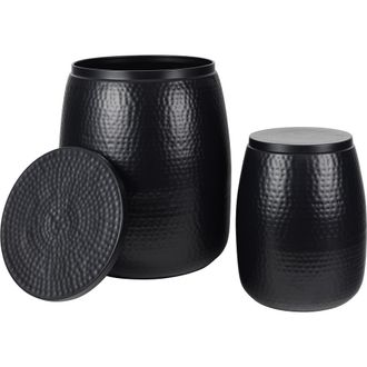 Happimess Merida Modern Rustic 2-Piece Hammered Metal Drum Storage Side Tables with Lids in Matte Black at Nordstrom