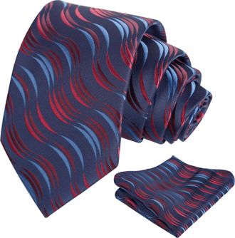 Alizeal Mens Wavy Stripes Necktie Novelty Multicolor Modern Party Porm Tie and Pocket Square Set, Navy Blue+Burgundy