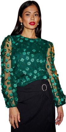 Yumi Long Sleeve Sheer Floral Top in Green at Nordstrom, Size 10