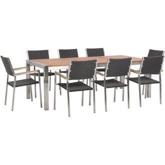 Beliani Conjunto De Comedor De Jard&iacute;n Mesa Con Tablero De Madera De Eucalipto 220 X 100 Cm 8 Sillas De Rat&aacute;n Negro Grosseto