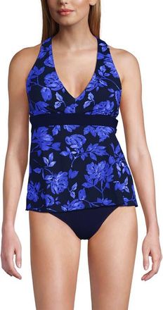 Lands End V-Neck Racerback Flutter Tankini in Navy Graphic Floral/navy at Nordstrom, Size 18