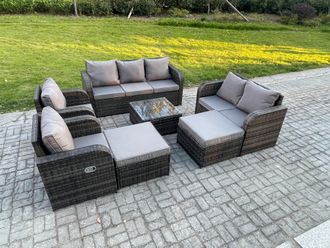 Fimous 9 Seater Outdoor Rattan Garden Furniture Set Conservatory Patio Sofa Coffee Table With 2 Big Footstool Love Sofa Dark Grey Mixed