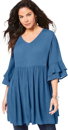 Roaman's Hand Crinkled Flutter Sleeve Tunic in Dusty Indigo at Nordstrom, Size 20
