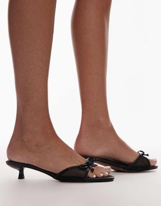 Topshop Imai mesh mid heeled mules with bow detail in black