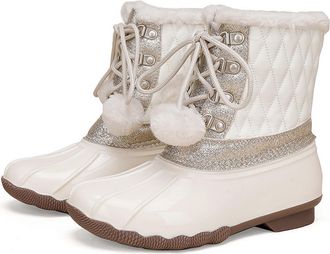 Pangolin Womens & Girls Winter Snow Boots, Faux Fur Lined Lace-Up Mid-Calf Waterproof Insulated Duck Boots with Non-Slip Grip Sole for Snow & Slush Off-White 1