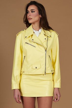 D'Arienzo Giacca chiodo in pelle giallo pastello vestibilit&agrave; comoda DArienzo, Seleziona Taglia XS-S, Colore Giallo