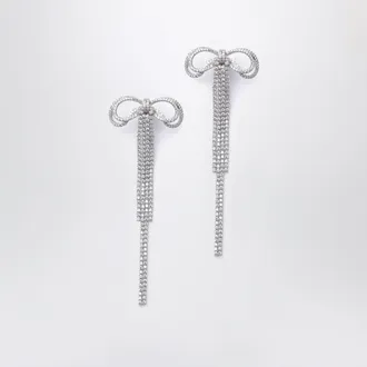 Self Portrait Double crystal bow drop earrings in silver-plated brass