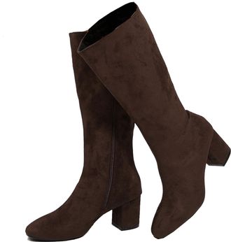 Generic Womens Chunky Heel Pointed Toe Knee-High Boots, Block Heel Suede Side Zipper Dress Boot, Casual Shoes for Fall and Winter (Brown,6.5)