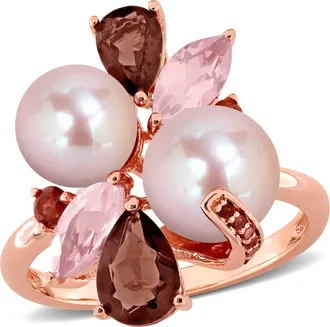 Mimi & Max 7mm Pink Cultured Freshwater Pearl Smokey Quartz Rose Quartz Garnet Ring Rose Silver
