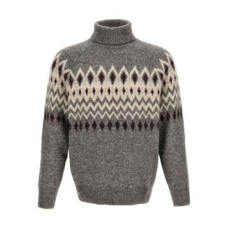 Brunello Cucinelli Grey Patterned Turtleneck Knit Sweater, Brand Size 50 (US Size 40)
