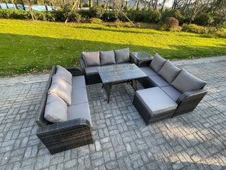 Fimous 10 Seater Wicker Rattan Garden Furniture Set with Rectangular Dining Table Big Footstool Side Table Patio Outdoor Lounge Sofa Set in Dark Grey