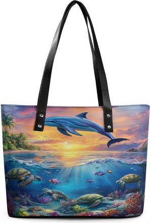 Generic Dolphins And Turtles in The Sea Tote Bags for Women Cute Shoulder Purses Handbags