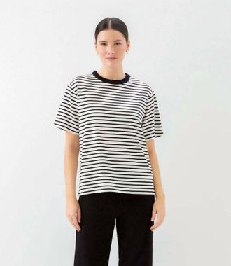 Karen Kane Stripe Short Sleeve Top In Ivory With Black