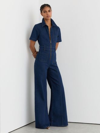 Reiss Indigo Blue Wide-leg Zip-through Denim Jumpsuit, 12