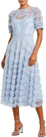 Mac Duggal High Neck Short Sleeve Ruffled Midi Dress in Periwinkle at Nordstrom, Size 12