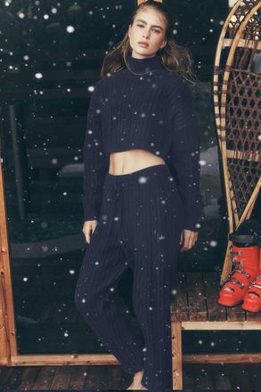 Alo | Cable Knit Winter Bliss Pants in Navy Blue, Size: Medium