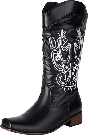 Generic Womens Fashion Western Boots Mid Calf Height Square Toe Medium Block Heel With Classic Embroidery Slip On Design