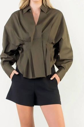 THML Clothing Collared Long Sleeve V-Neck Top In Green