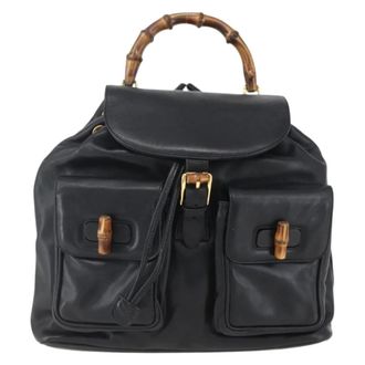 Gucci Vintage Bamboo Leather Black Leather Backpack Bag (Pre-Owned)