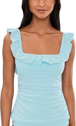 Lilly Pulitzer Aemma Ruffle Tankini Top Womens Swimwear Capri Blue Seersucker Stripe : 14, Polyester/Spandex