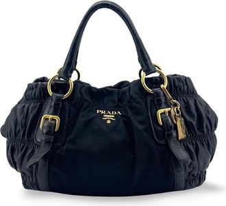 Prada Gaufre Convertible Satchel Leather And Tessuto Black Nylon Handbag (Pre-Owned)