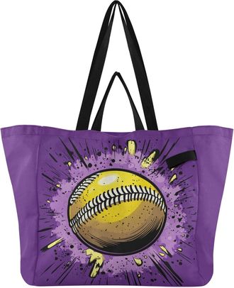Generic Yellow Softball Purple print Reusable Canvas Tote Bag, Heavy Duty Grocery Shopping Bag with Double Handles Large Capacity Hard Bottom Work Groceries T