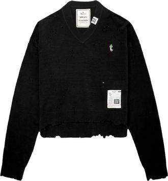 Miharayasuhiro Trui met V-hals en franje - Zwart