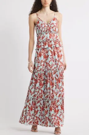 Chelsea28 Ruffle Plissé Maxi Sundress in Blue- Red Annie Floral at Nordstrom Rack, Size Xx-Large