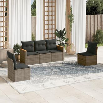 vidaXL Juego De Sof&aacute;s Jard&iacute;n Con Cojines 5 Pzas Rat&aacute;n Sint&eacute;tico Gris Vidaxl