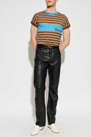 Versace T-shirt With A Striped Pattern, Mens, Brown