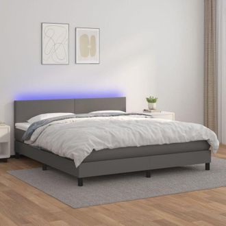 vidaXL Vidaxl - Cama Box Spring Colch&oacute;n Y Led Cuero Sint&eacute;tico Gris 160x200 Cm