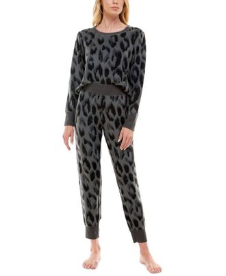Roudelain Womens Long Sleeve Top And Leggings Pajama Set In Above Leopard Slatre Gray